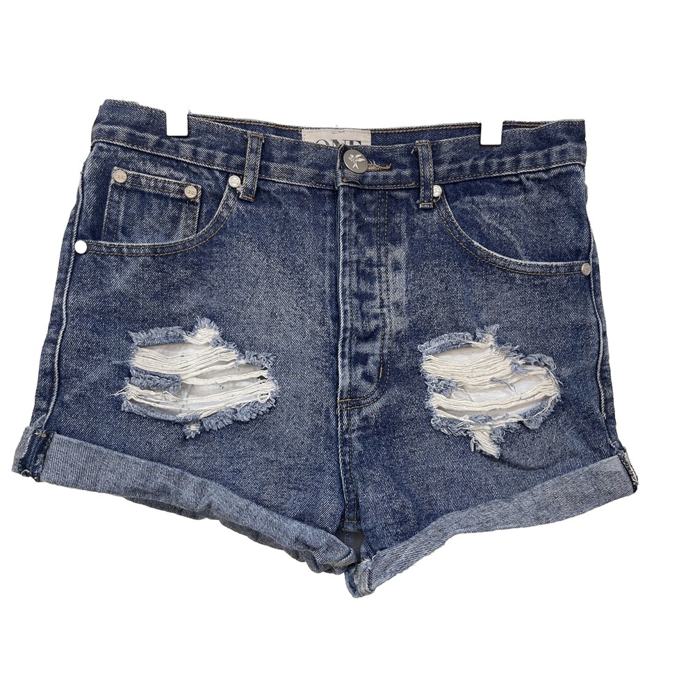 One Teaspoon Outlaws Jean Shorts Womens 25 Blue Distressed Cuffed Button Fly